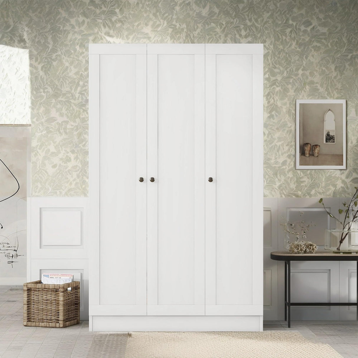 KELRIA Modern 3-Door Armoire Wardrobe with Shelves and Hanging Rod, Large Freestanding Storage Wardrobe Closet, Wooden Clothes Storage Organizer Cabinet for Bedroom, Guest Room, White KELRIA