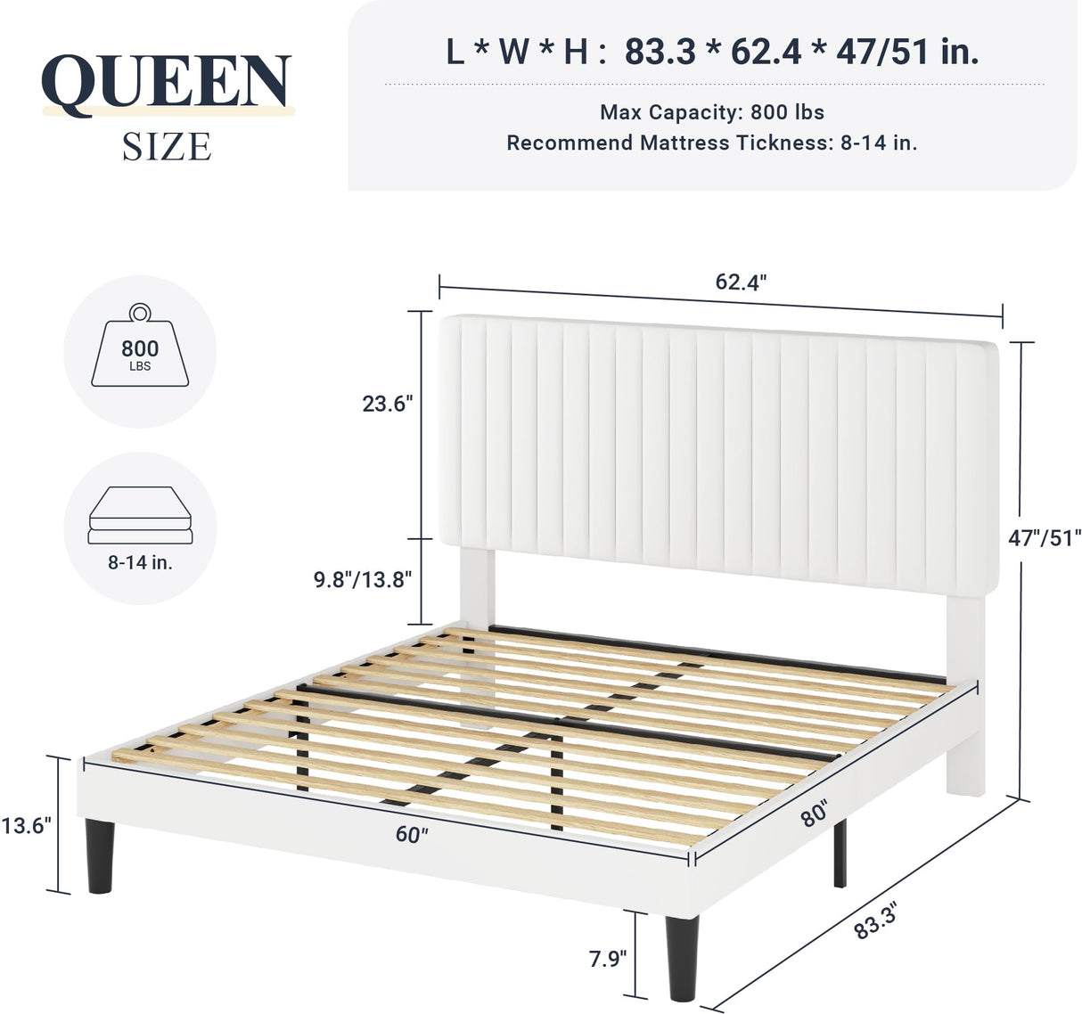 Allewie Queen Bed Frame, Velvet Upholstered Platform Bed with Adjustable Vertical Channel Tufted Headboard, Mattress Foundation with Strong Wooden Slats, Box Spring Optional, Easy Assembly, White Allewie