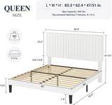 Allewie Queen Bed Frame, Velvet Upholstered Platform Bed with Adjustable Vertical Channel Tufted Headboard, Mattress Foundation with Strong Wooden Slats, Box Spring Optional, Easy Assembly, White Allewie