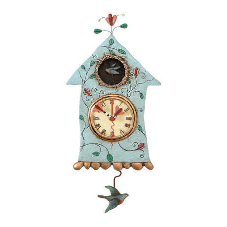 Enesco Allen Designs Birdhouse with Flowers Cuckoo Wall Clock - Battery Operated Pendulum Analog Clock, Stone Resin Decorative Clocks for Walls Home Decor Kitchen Clocks, 14.9 Inch Enesco