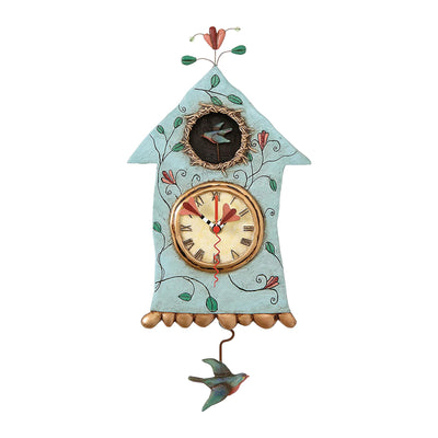 Enesco Allen Designs Birdhouse with Flowers Cuckoo Wall Clock - Battery Operated Pendulum Analog Clock, Stone Resin Decorative Clocks for Walls Home Decor Kitchen Clocks, 14.9 Inch