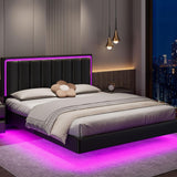 IMMERSTABLE Floating Full Bed Frame with LED Lights, Upholstered Bed Frame Full with Headboard, Solid Wood Slats Support, Full Size Bed Frame No Box Spring Needed, Noise-Free, Easy Assembly, Black IMMERSTABLE