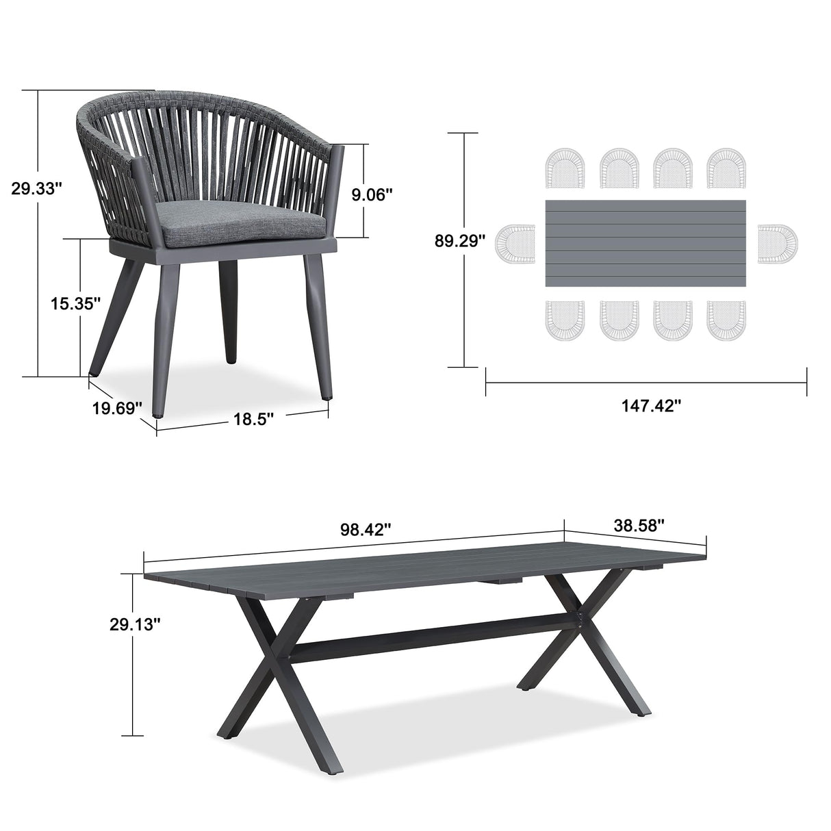 PURPLE LEAF 11 Pieces Outdoor Dining Set with Patio Aluminium Dining Table and Wicker Rattan Chairs Modern Furniture Cushions Sets for Backyard Indoor Decor Kitchen Grey PURPLE LEAF
