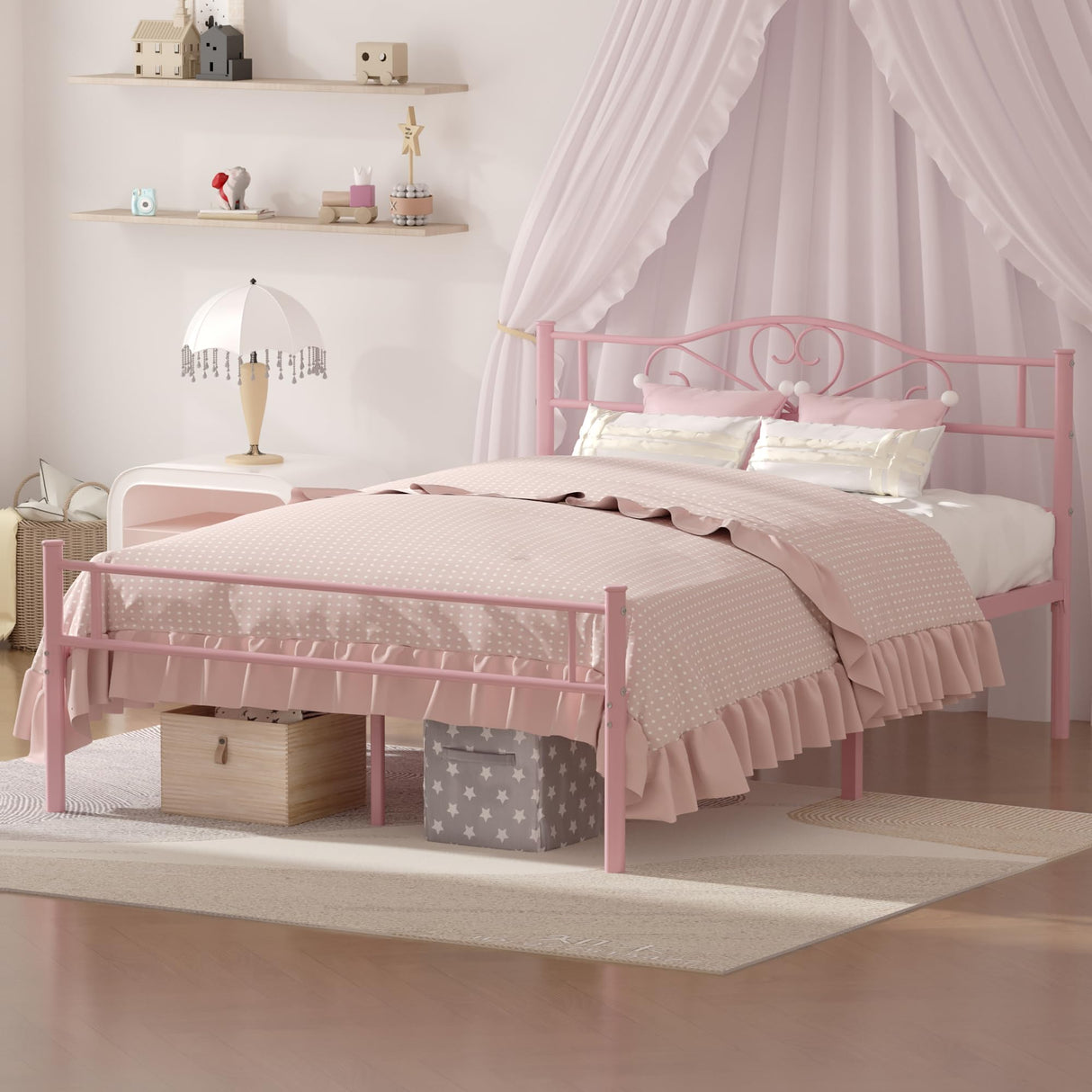 VECELO 14 Inch Full Size Metal Platform Bed Frame with Headboard and Footboard, Heavy Duty Mattress Foundation with Steel Slats Support, No Box Spring Needed, Pink VECELO