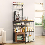 SWTYMIKI Bakers Rack with Storage - Coffee Bar Cabinet Organizer with 8 Hooks, Shelves & Cabinet Door, Coffee Station for Kitchen Dining Room, Microwave Stand with Adjustable Feet, Espresso SWTYMIKI