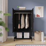 Gyger Wardrobe Closet with 2 Doors，Rattan Bedroom Armoires with Hanging Rod Freestanding Wooden Wardrobe Cabinet with Shelves,Black Gyger