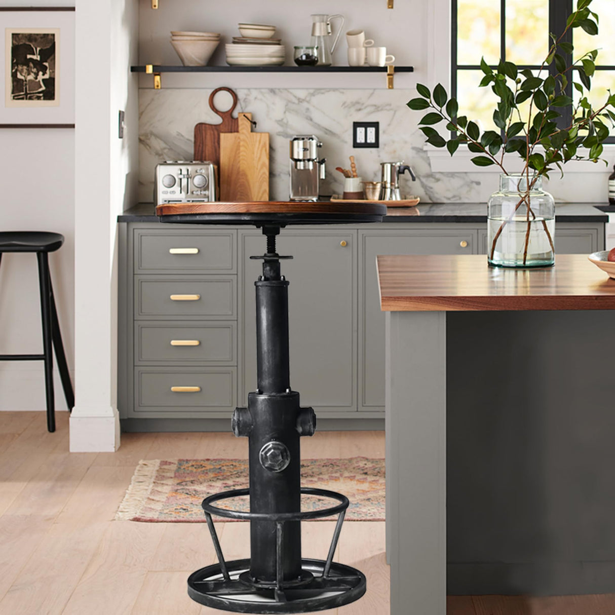 LOKKHAN Industrial Bar Table 38.6"-48.4" Height Adjustable Swivel Round Wood Tabletop 23.7" Dia, Kitchen Dining Office Coffee Bistro Pub Table LOKKHAN