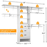 Besiost Closet System with Drawer - 8FT Wood Closet Organizer System with 3 Hanging Rods and Shelving Tower, 96" Walk In Closet Organizer Wardrobe, Heavy Duty Garment Rack Clothes Rack, White Besiost