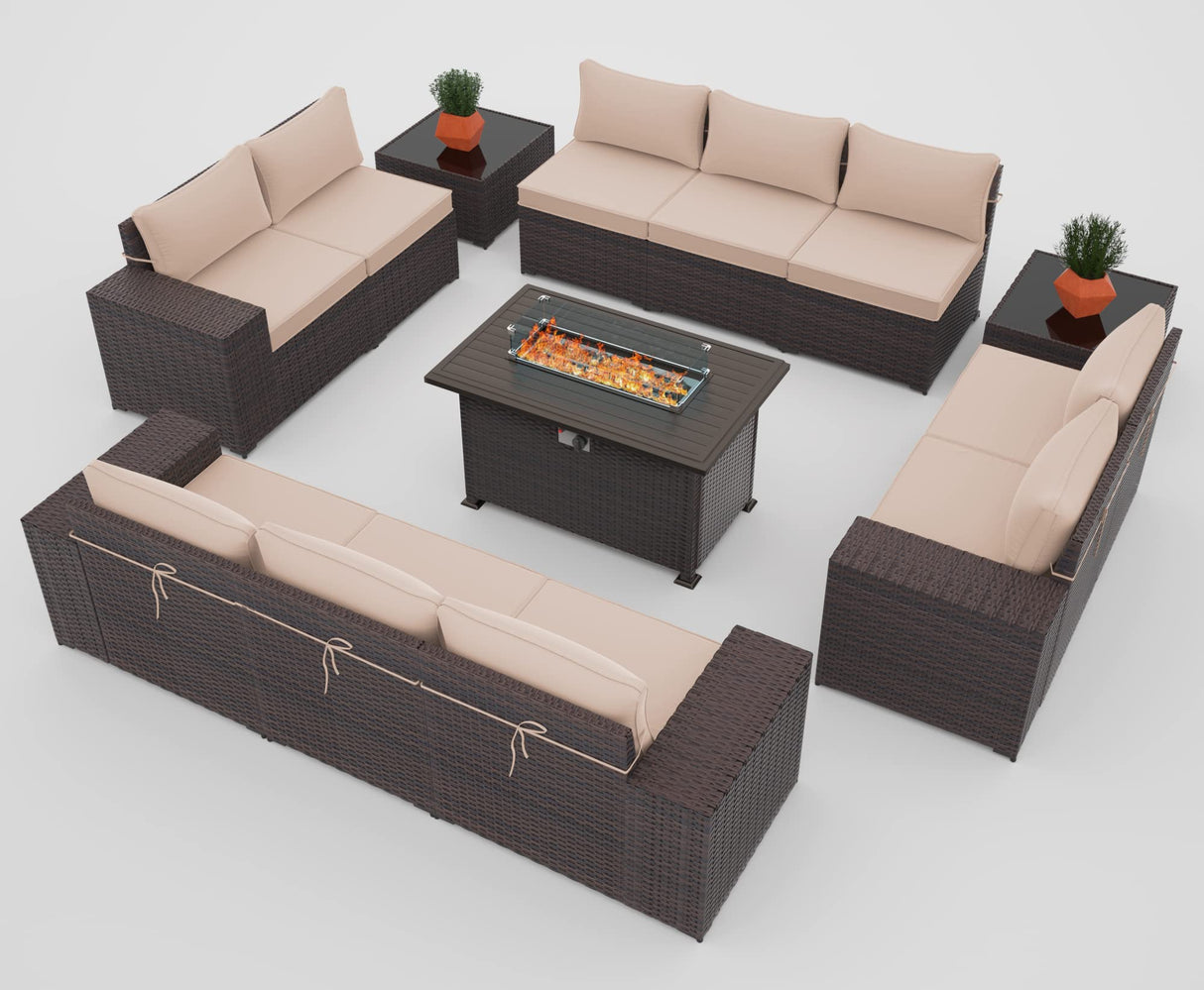 ASJMR Outdoor Patio Furniture Set with Gas Fire Pit Table, 13 Pieces Outdoor Furniture Set Patio Sectional Sofa w/43in Propane Fire Pit, PE Wicker Rattan Patio Conversation Sets (Sand) ASJMR