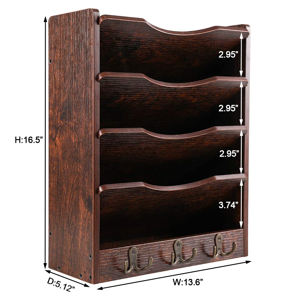 PAG 5-Tier Wall File Holder Hanging Mail Organizer Wood Magazine Literature Rack with 6 Hooks, Brown PAG