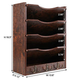 PAG 5-Tier Wall File Holder Hanging Mail Organizer Wood Magazine Literature Rack with 6 Hooks, Brown PAG
