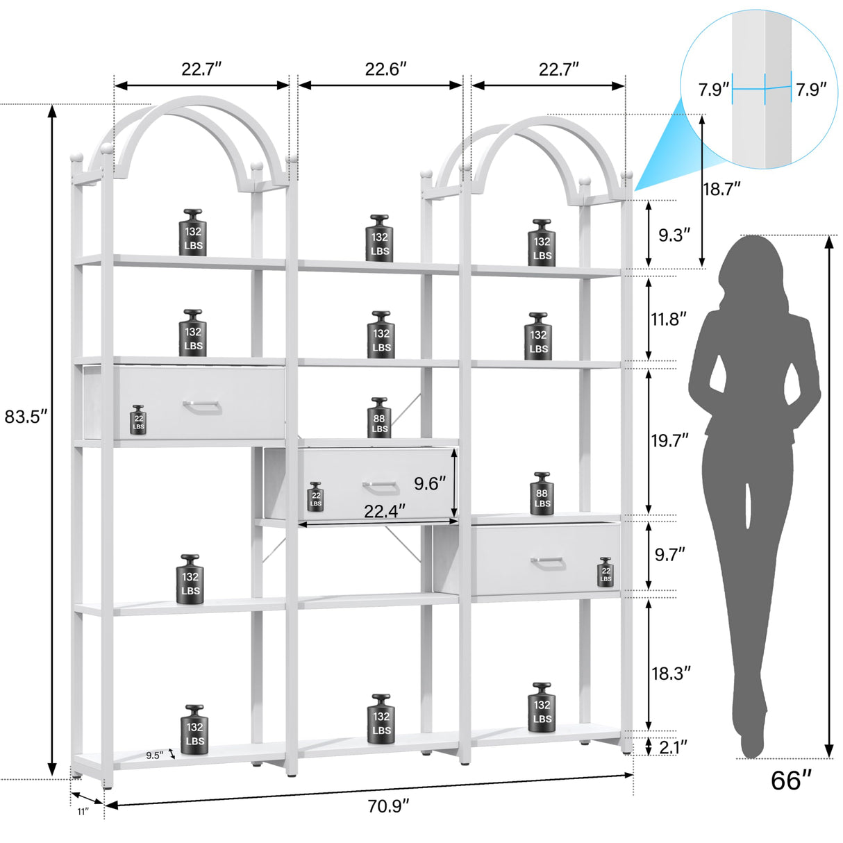 Nosepen 83.5" Tall Arched Bookshelf with 3 Drawers and 13 Storage Shelves, Industrial Open Book Shelf with Display Shelves, Large Etagere Bookshelf, Triple Wide Book Case for Home & Office, White Nosepen