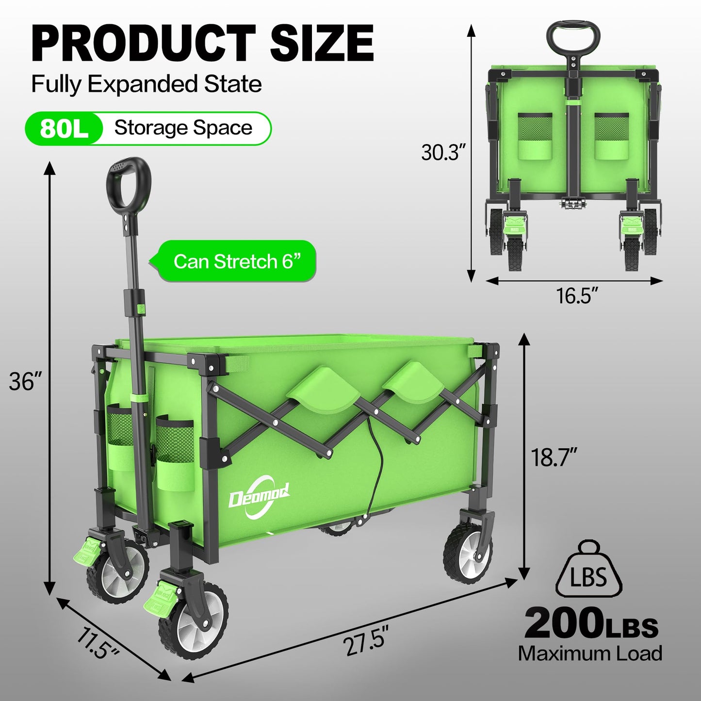 Collapsible Lounge Wagon, Wagon Cart Heavy Duty Foldable with Smallest Folding Design, Utility Grocery Small Wagon with All Terrain Wheels for Camping Shopping Sports Garden, Green