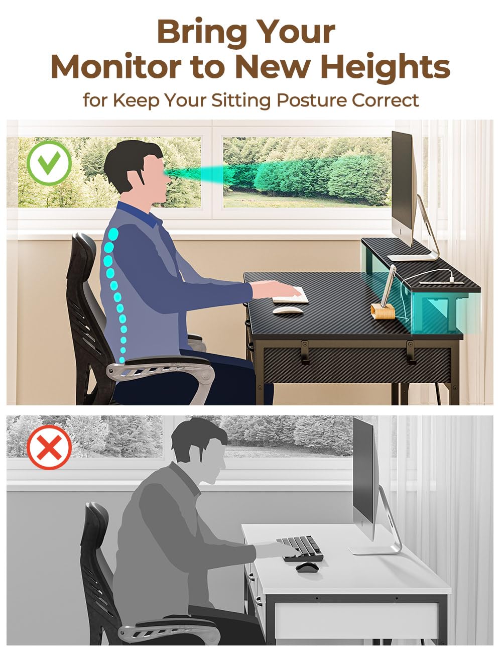 Rolanstar Computer Desk with Power Outlets & LED Light, 47 inch Home Office Desk with 3 Drawers and Storage Shelves, Writing Desk with Monitor Stand, Modern Work Desk for Home Office, Carbon Black Rolanstar