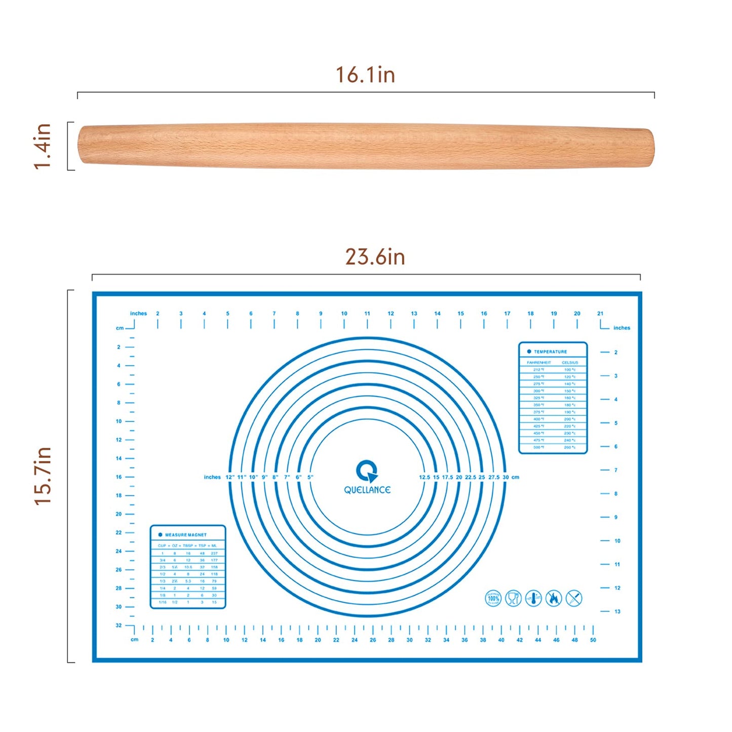 Wood French Rolling Pin for Baking, QUELLANCE Wooden Dough Roller with Silicone Baking Mat, Beech Wood Rolling Pins for Baking Dough, Pizza, Pie, Pastries, Pasta and Cookies,Blue Pastry Mat