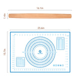 Wood French Rolling Pin for Baking, QUELLANCE Wooden Dough Roller with Silicone Baking Mat, Beech Wood Rolling Pins for Baking Dough, Pizza, Pie, Pastries, Pasta and Cookies,Blue Pastry Mat QUELLANCE
