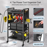 zsttion Power Tool Organizer Cart with Charging Station, 4-Tier Rolling Tool Cart for Garage Storage,Heavy-Duty Floor-Standing Storage Rack with 8-Outlet Power Strip,Supports 500 lbs zsttion