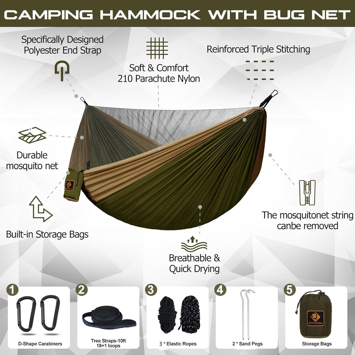 Camping Hammock, Portable Hammocks with Mosquito Net,Lightweight Nylon Parachute Hammock with 10ft Tree Straps,Camping Gear Must Haves for Travel Hiking Backpacking Beach Patio-Green&Khaki Qevooon