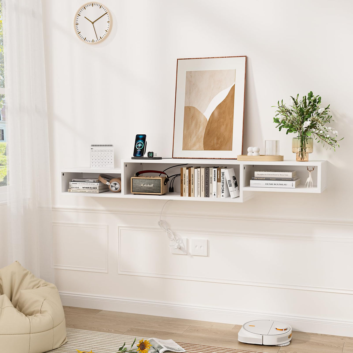 FABATO 59'' Floating TV Stand with LED Light Power Outlet, Floating Shelf for Under TV Wall Mount with Storage Shelf, Media Console Entertainment Center for Living Room, White FABATO