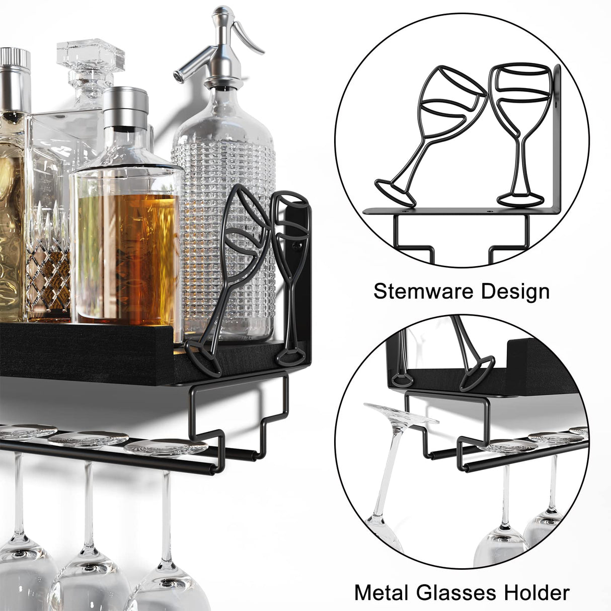 Love-KANKEI Wine Rack with Stemware Hanger, 17inch Wine Glass Rack, Floating Shelf Wall Mounted, Wood Wall Shelf for Kitchen, Dinning Room, Home Bar, Living Room etc, Pitch Black Love-KANKEI