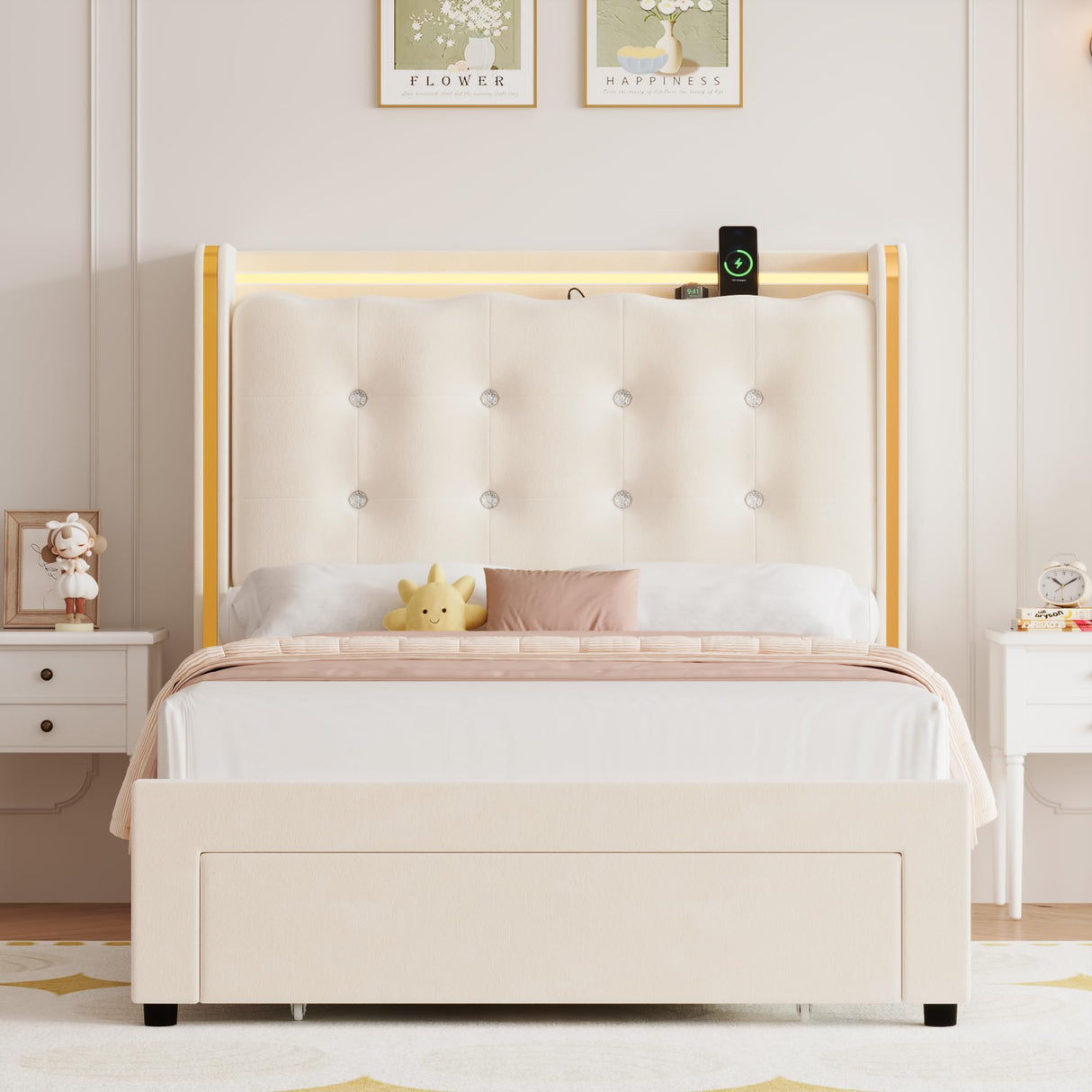 HITHOS Upholstered Twin Led Bed Frame with Charging Station and Storage Drawer, Velvet Princess Platform Bed Frames with Crystal-Button Tufted Headboard for Girls | Kids, No Box Spring Need, Beige HITHOS