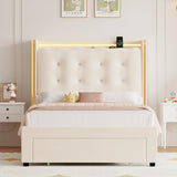 HITHOS Upholstered Twin Led Bed Frame with Charging Station and Storage Drawer, Velvet Princess Platform Bed Frames with Crystal-Button Tufted Headboard for Girls | Kids, No Box Spring Need, Beige HITHOS