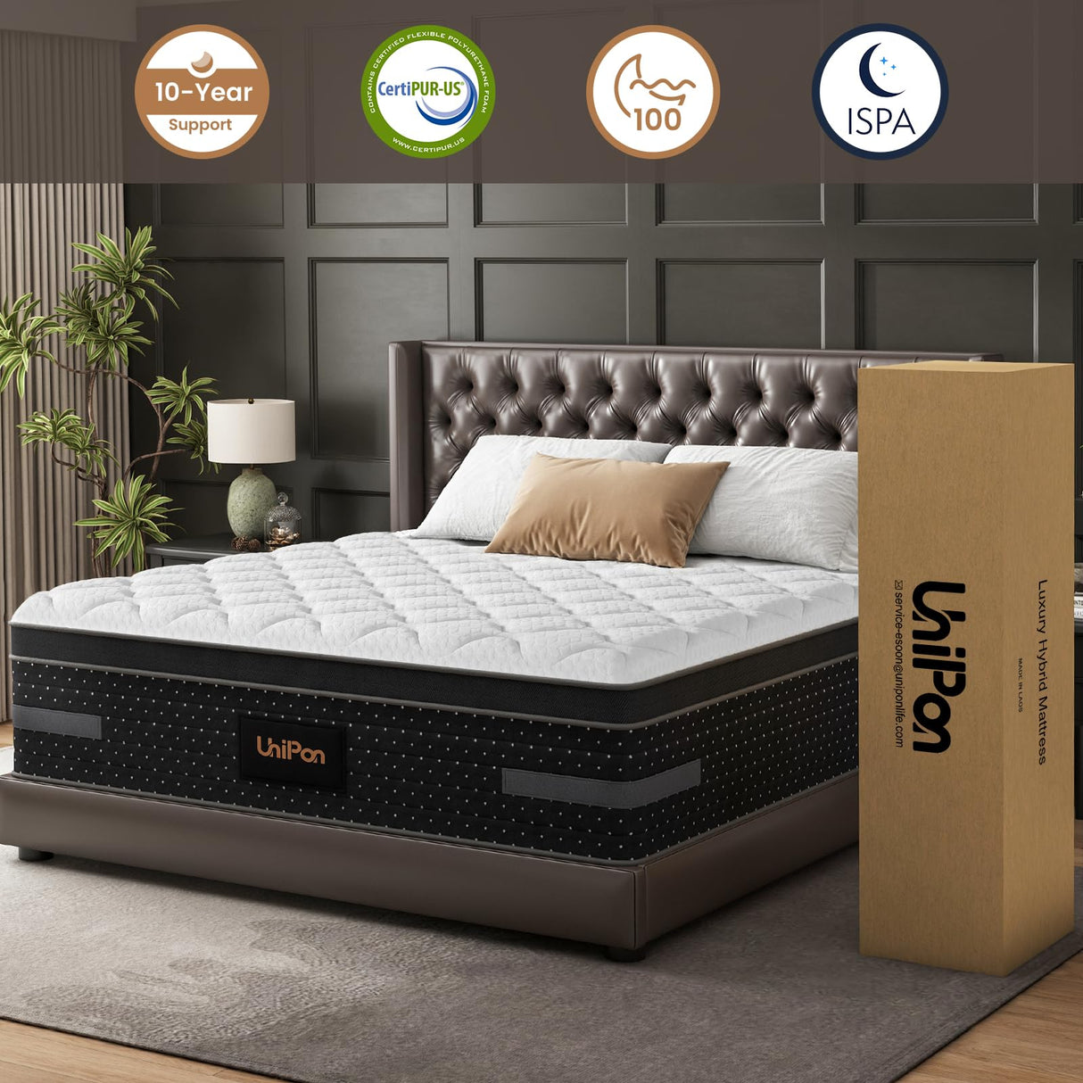 UniPon Firm Queen Mattress, 14 Inch Hybrid Bed Mattresses for Back Pain Relief Extra Lumbar Support Motion Isolation with 760+ Pocket Springs, Fiberglass-Free 365 Night Trial UniPon