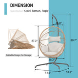 Patiorama Indoor Outdoor Egg Swing Chair with Stand, Oversized Cocoon-Shaped Rope Woven Hanging Chair, Cushion,Safety Strap,Patio Wicker Foldable Hammock Chair for Porch,Garden,Bedroom (Creamy White) Patiorama