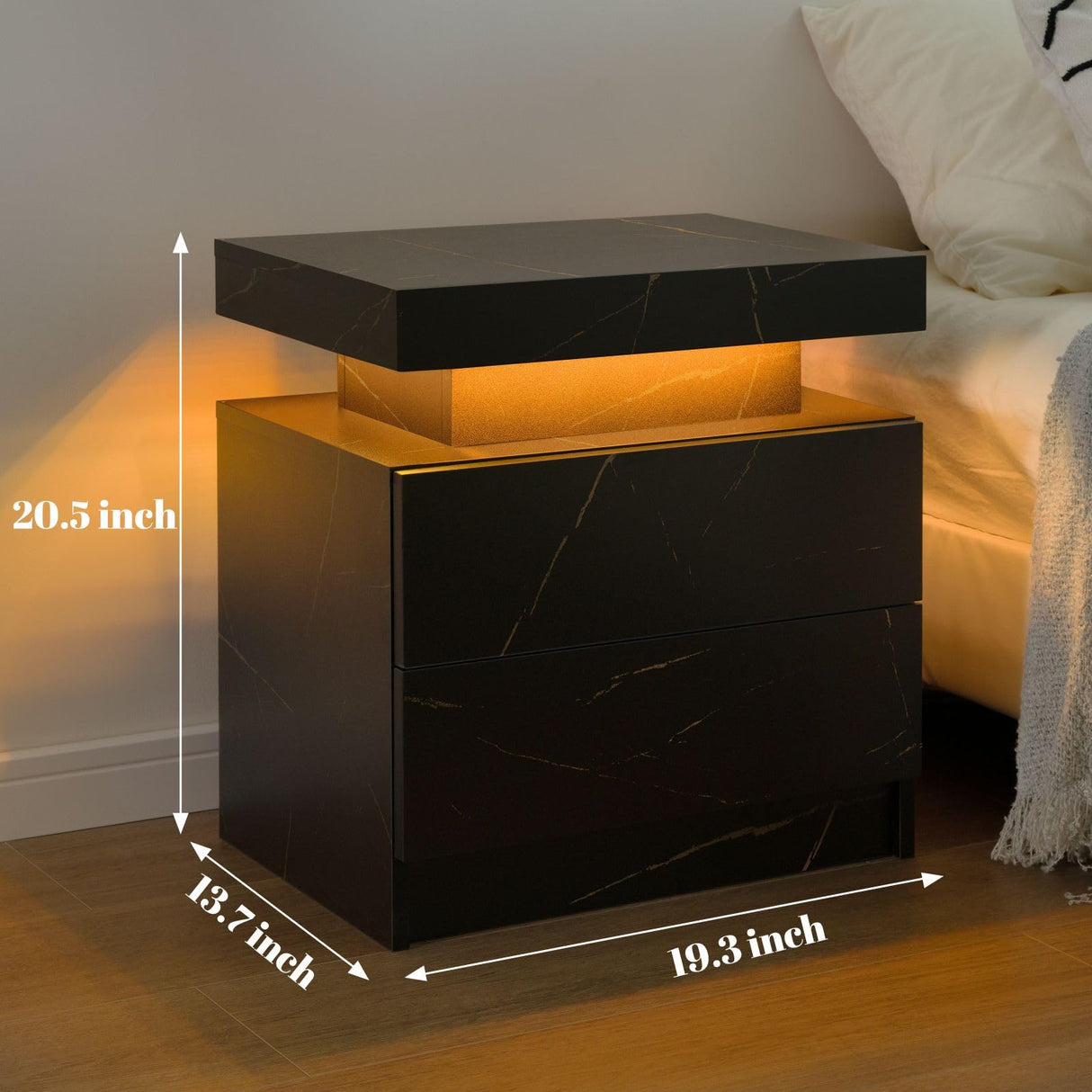 Cubehom LED Nightstands Set of 2, Modern End Table with 2 Drawers, End Tables for Living Room Bedroom Black Cubehom