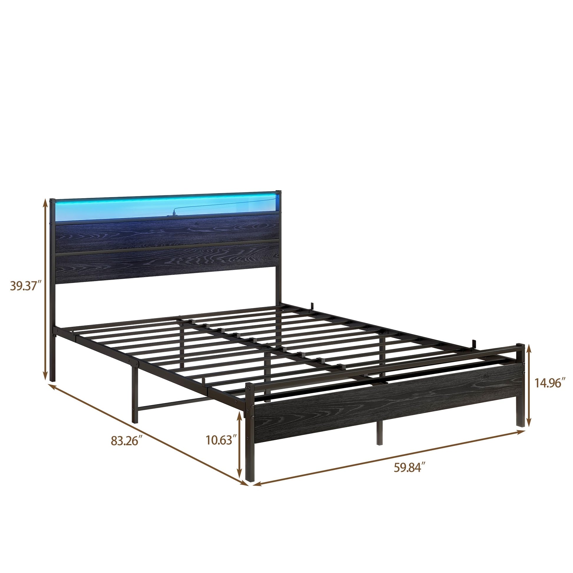 HOJINLINERO Queen Bed Frame with Headboard, LED Lights & Charging Station - Heavy Duty Metal Platform Bed - WoodArtSupply