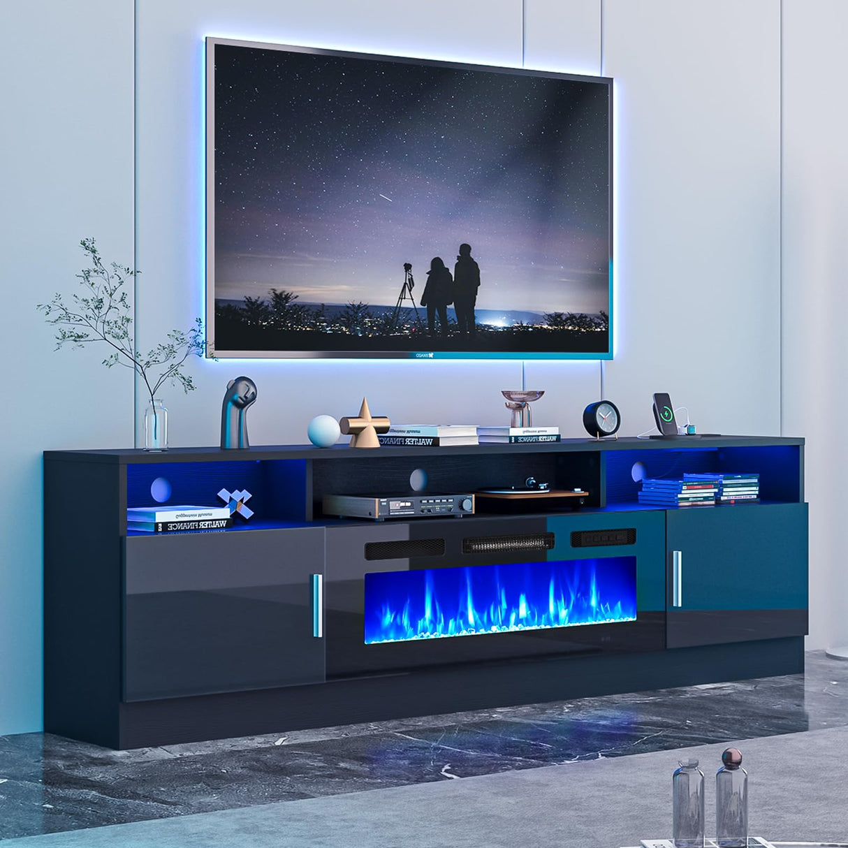oneinmil 70" Fireplace TV Stand with Power Outlet for TVs Up to 80", Electric Fireplace Entertainment Center with LED Lights & Storage Cabinets, Media Console Table for Living Room, Black oneinmil