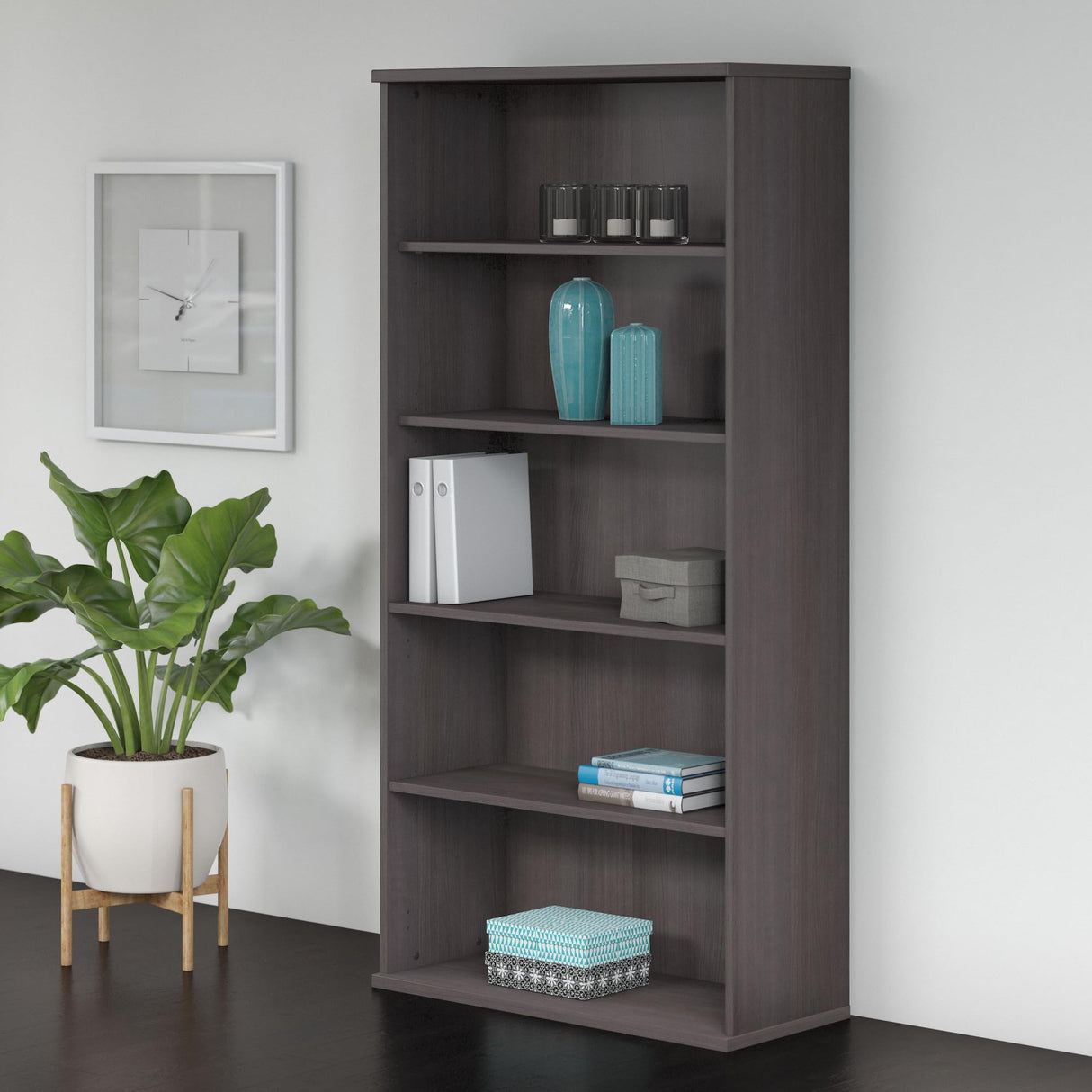 Studio C Tall 5 Shelf Bookcase in Storm Gray – Elegant Storage Solution for Home and Office Bush Business Furniture