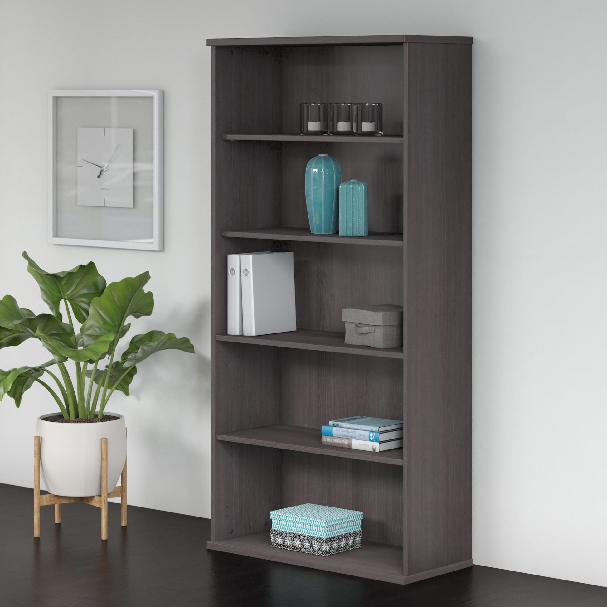 Studio C Tall 5 Shelf Bookcase in Storm Gray – Elegant Storage Solution for Home and Office - WoodArtSupply