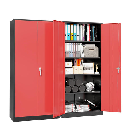 Pataku Metal Storage Cabinet, 71" Garage Cabinet with Doors and Shelves Lockable Steel Multifunctional Cabinet, Tool Cabinet for Garage, File Cabinet for Home, Office, Warehouse(Black Red) Pataku