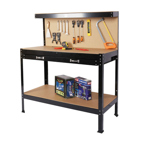63" Heavy-Duty Steel Workbench - Industrial-Grade Garage Work Station Featuring a pegboard, Storage Drawer & Bottom Shelf.(63"x24"x36") Supports up to 300 lbs. Sun koery
