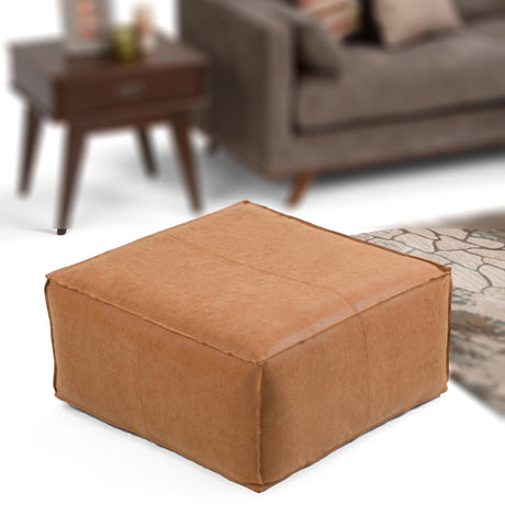 SIMPLIHOME Brody 30-inch Wide Large Square Coffee Table Pouf in Distressed Brown, Vegan Faux Leather Ottoman, Footrest, or Extra Seating for Living Room, Assembled SIMPLIHOME