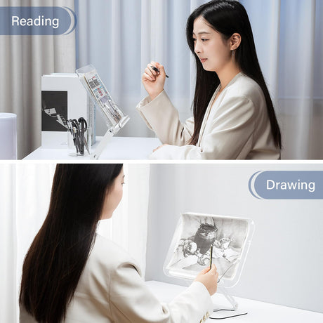 Acrylic Book Stand for Reading, Adjustable Book Holder with 360° Rotating Base & Elastic Page Clips, Foldable Desktop Riser Stand for Cookbook,Laptop,Tablet,Music Scores,Recipe,Textbook BYMECOST
