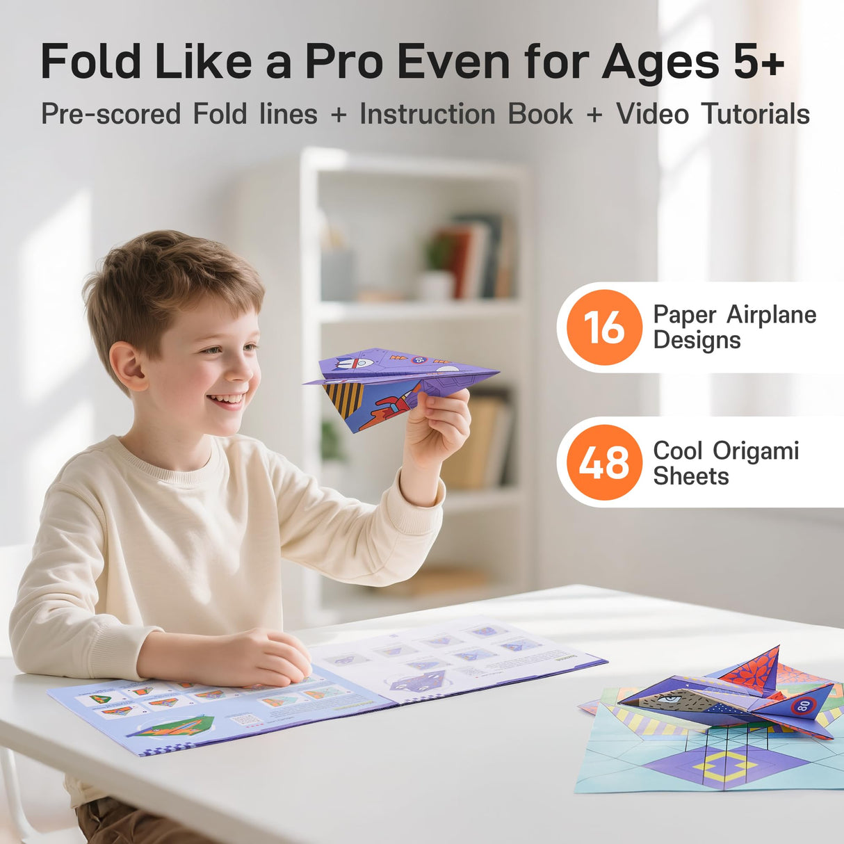Leven DIY Paper Airplane Book, 16 Creative Folding Paper Planes with 48 Sheets of Colorful Origami Paper, Arts & Crafts Kit with Video Tutorials – Gifts for Boys and Girls Ages 6–12+ 11 * 8.3 inches Leven