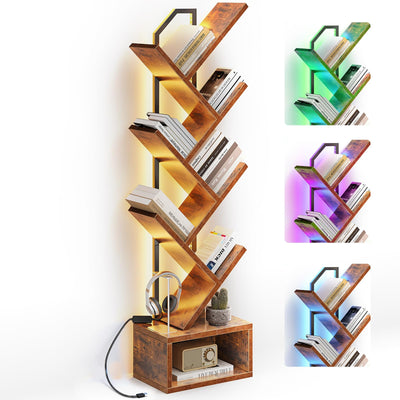 Casaottima Tree Bookshelf with LED Light Strip — 6-Tier Corner Shelf with Cabinet, Narrow Floor Standing Bookcase, Small Steel&Wood Book Shelf, Home Decor for Living Room/Bedroom/Home Office, Vintage