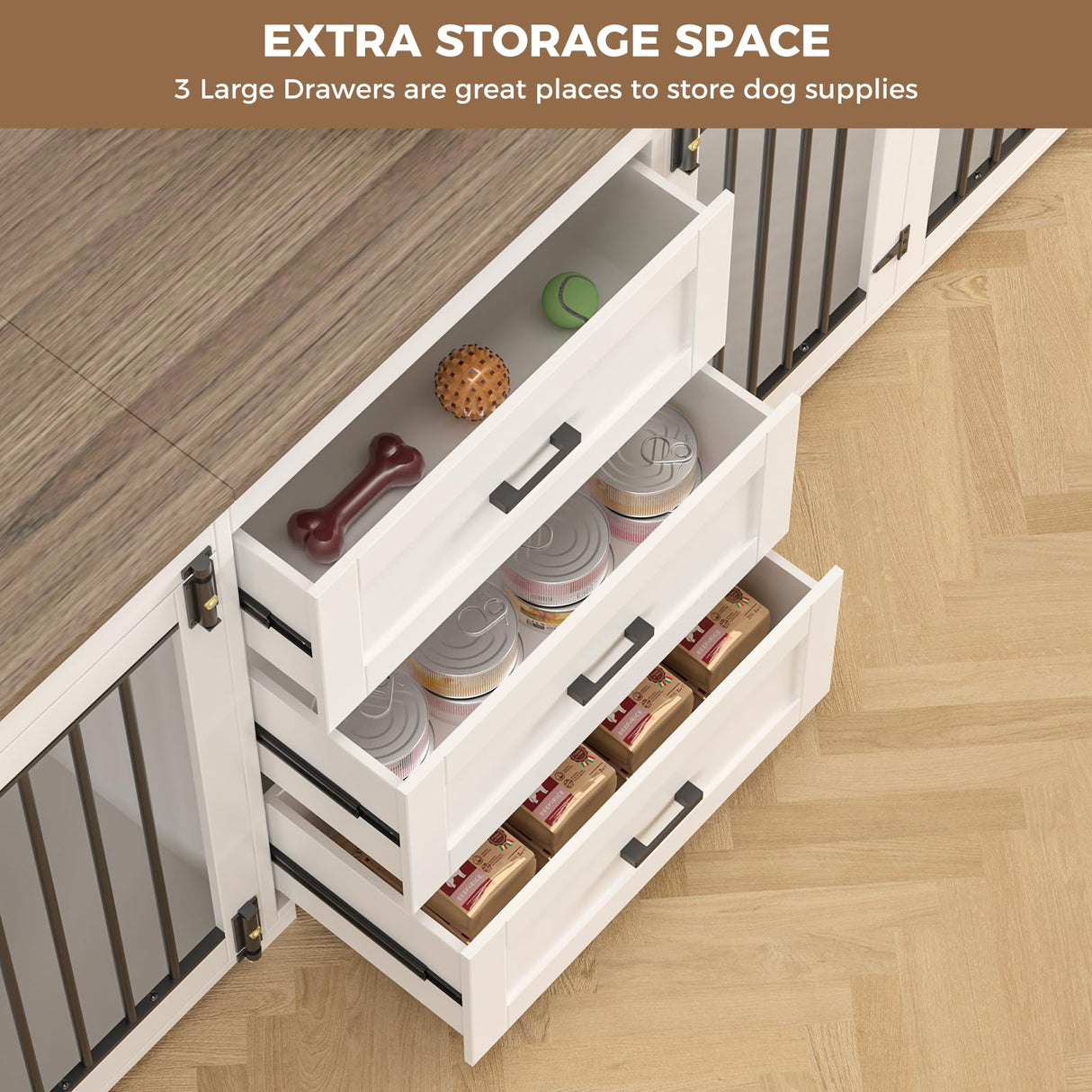 ADOFFUR 94.5" Large Dog Crate Furniture for 2 Dogs, Wooden Double Dog Kennel Furniture with 3 Drawers, Heavy Duty Indoor Furniture Style Dog Crate/TV Stand - White ADOFFUR