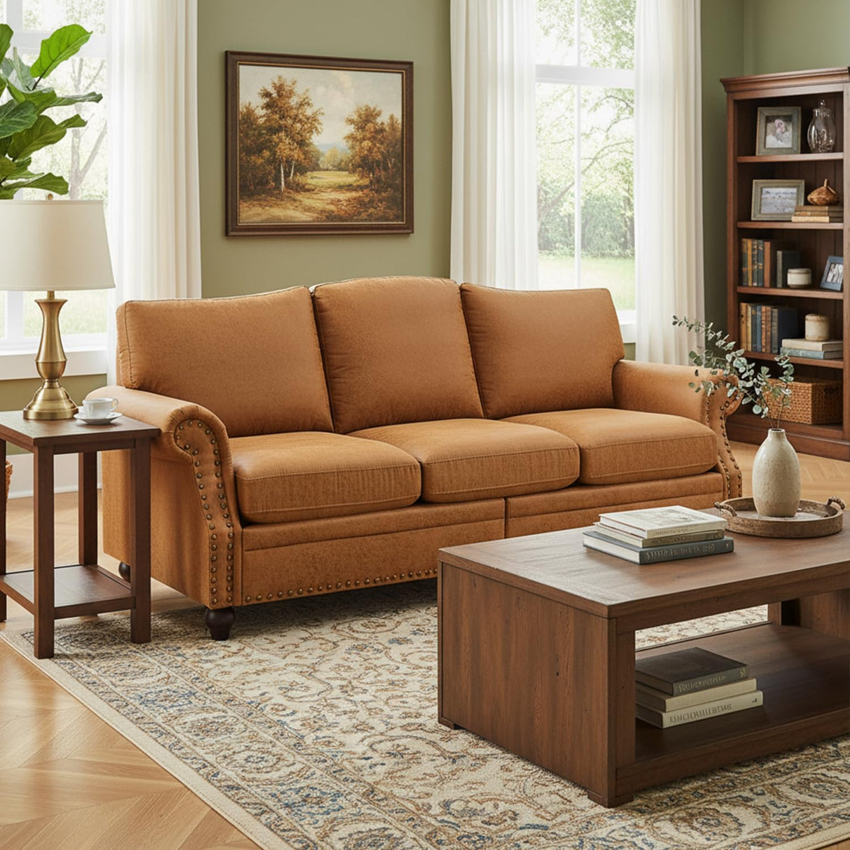 LegacyAmerhome 85'' Faux Leather Couch for Living Room, Mid Century Modern Leather Sofa with Rolled Arm, Classic 3 Seat Brown Couches with Nailheads Trim, Big Comfy Couch with Deep Seat for Apartment LegacyAmerhome