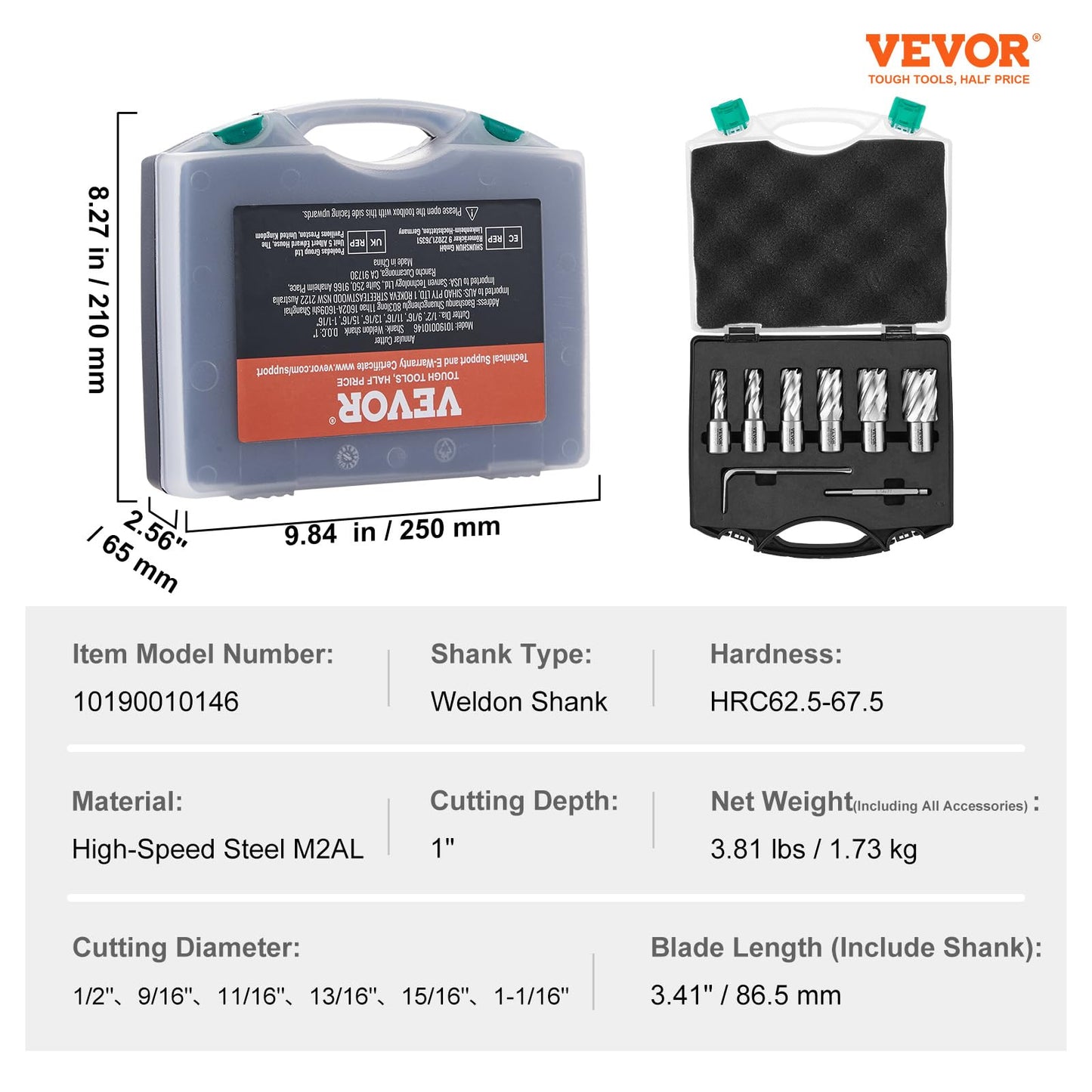 VEVOR Annular Cutter Set, 6 pcs Weldon Shank Mag Drill Bits, 1" Cutting Depth, 1/2" to 1-1/16" Cutting Diameter, M2AL High-Speed Steel, with Pilot Pin and Portable Case, for Using with Magnet - WoodArtSupply