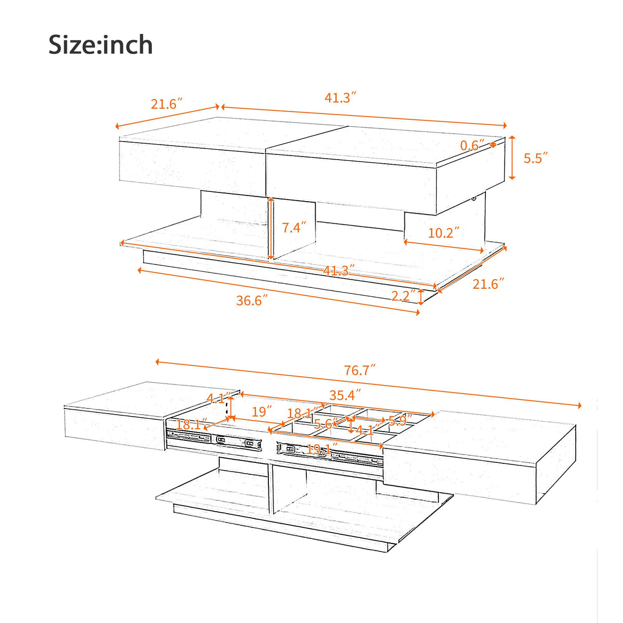 Mcltopz Extendable Coffee Table with with Hidden Storage and LED Lights, Modern 41.3''-76.7'' Rectangular High-Gloss Adjustable Center Table Cocktail Tea Table with Multiple Storage Compartments Black Mcltopz
