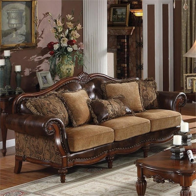 Acme Dreena Rolled Arm Upholstered Faux Leather Sofa with 5 Pillows in Brown