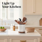 DOWAN 7.6" 360° Rotating Utensil Holder, Cooking Utensil Holder, Kitchen Utensil Holder for Countertop, Ceramic Utensil Crock, Large Utensil Holder for Kitchen Counter, Protection Cork Bottom, White DOWAN