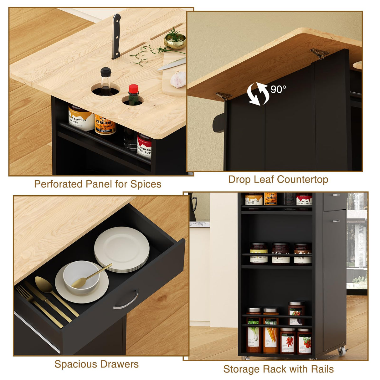 Rolling Mobile Kitchen Island with Drop Leaf, Portable Cart with Rubberwood Top, Spice Rack, and Drawers for Dining Room, Trash Cabinet Tilt Out 10 Gallon Storage, Black Vabches