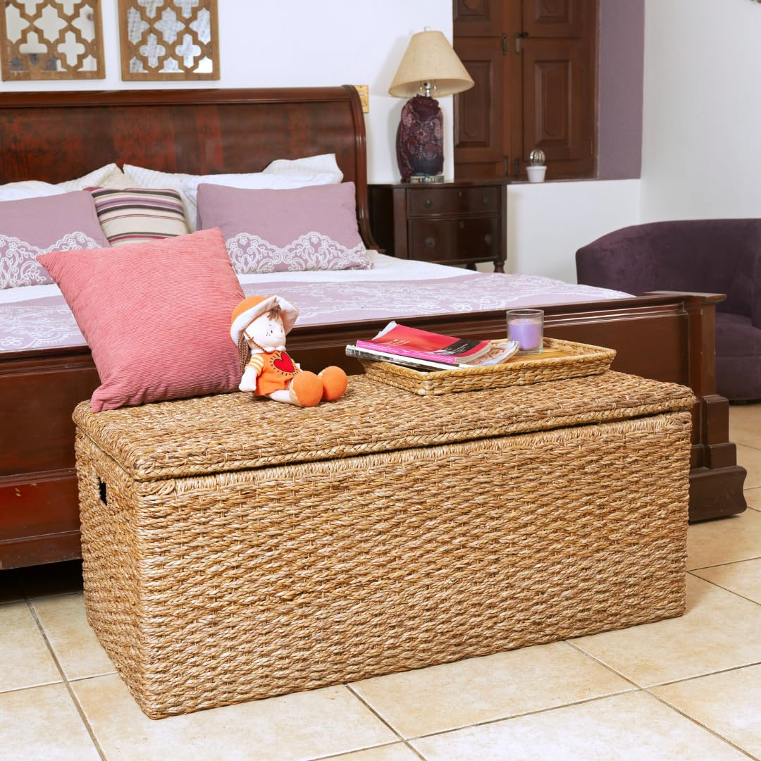 Wholestory Collective Wicker End of Bed Bench Rattan Storage Trunk and Chest Seagrass XL Organizers with Lid, Rattan Coffee Table Ottoman With Storage Handwoven Box (Extra Large) Wholestory Collective