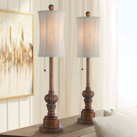 Regency Hill Bertie Traditional Natural Cottage Buffet Table Lamps 28" Tall Skinny Set of 2 Warm Brown Wood Tone Fabric Drum Shade Decor for Living Room Bedroom House Bedside Nightstand Home Regency Hill