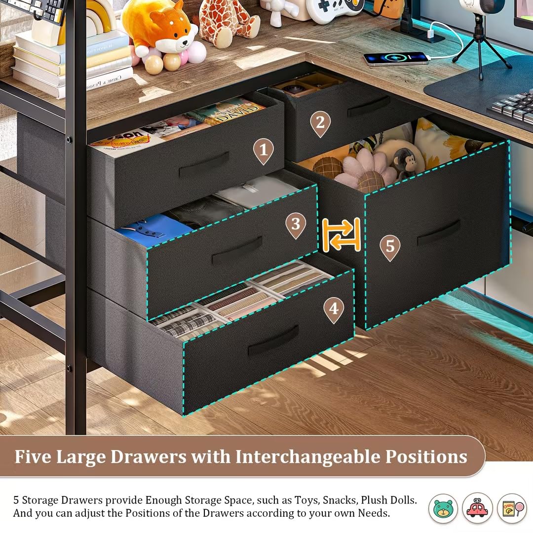 busyaeh Twin Size Loft Bed with L-Shaped Desk and Storage, Bunk Bed with Desk Underneath Drawers, Metal Twin Loft with Clothes Rail, Safety Guard & Stairs, LED Lights, Charging Station, Oak Gray busyaeh