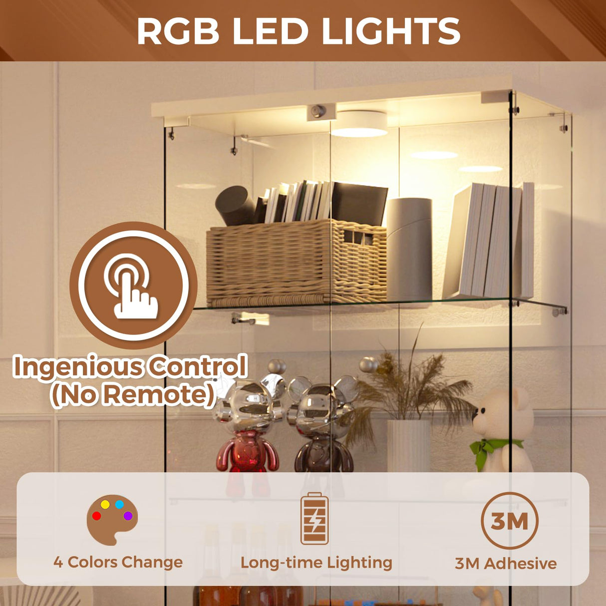 COHMJJY 4-Shelf Glass Display Cabinet with Double Doors, Curio Display Case with Lights & Lock, Tempered Glass Collectibles Showcase for Bedroom, Living Room 64'x 32'x 14' White COHMJJY